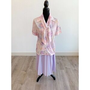 Vintage Sodi Miami Florida Two Piece Floral Shirt Scarf Pleated Purple Skirt 14